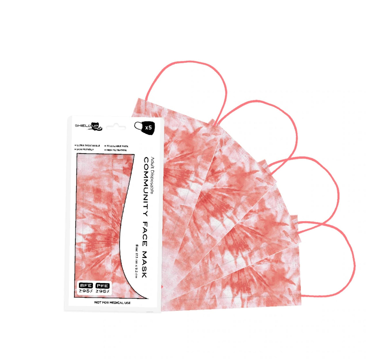 SHIELD UP Disposable Face Mask - Tie Dye Coral (5 Pack)